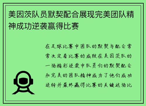 美因茨队员默契配合展现完美团队精神成功逆袭赢得比赛