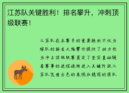 江苏队关键胜利！排名攀升，冲刺顶级联赛！